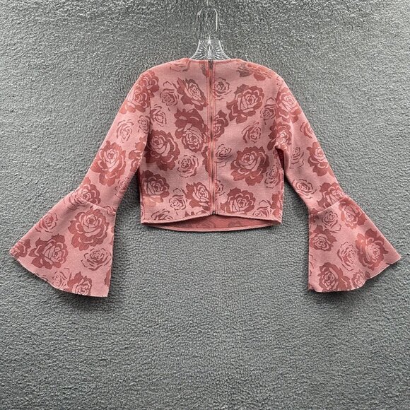 Say What? Womens Y2K Crop Top Large Pink Rose Lace Mesh Bell Sleeve‎ Festival - Picture 2 of 10